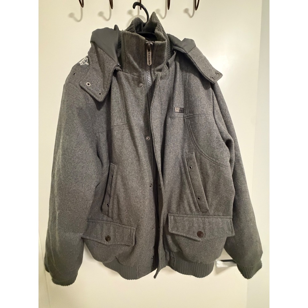 Coogi Australia Mens Wool Blend Bomber Jacket Gray Detachable Hood Large